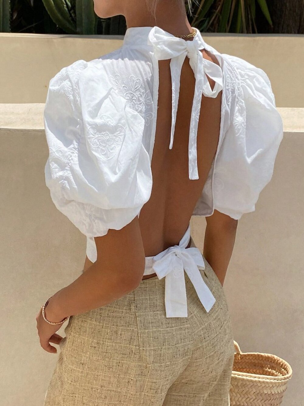 White Casual Women's Cotton Backless tie-Up Petal Sleeve High Neck Blouse - Picture 3 of 8